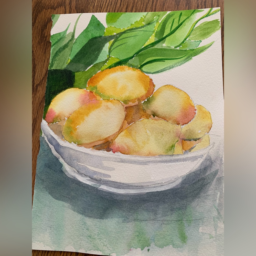 Watercolor Painting of Fruit in Bowl
